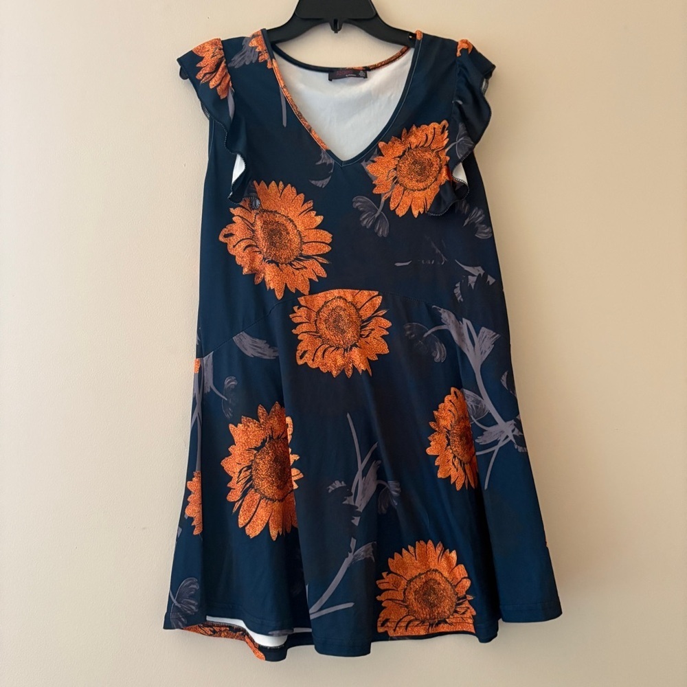 Azalea by Firmiana Sunflower Floral Tunic Top XL Navy Orange Ruffle V-Neck Boho